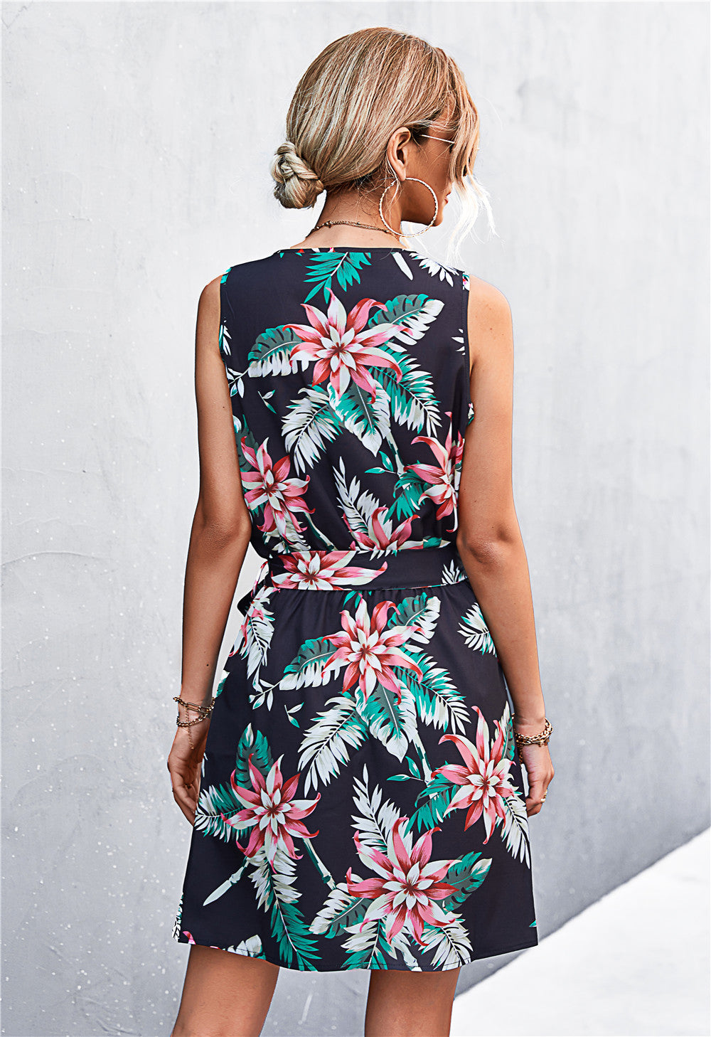 Printed Zip Detail Belted Sleeveless Dress  Dresses- Doll Fits