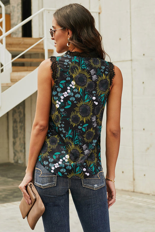 Sunflower Print Lace Trim Tank  Shirts & Tops- Doll Fits
