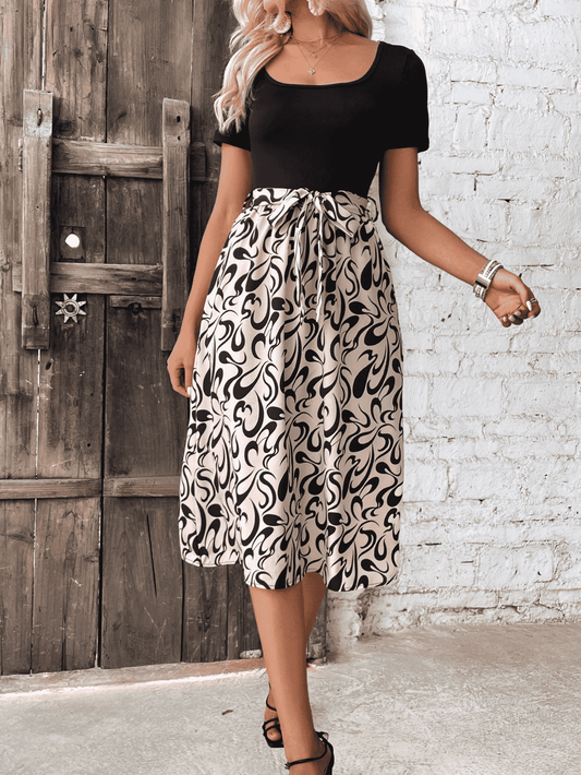 Printed Tie Waist Short Sleeve Dress  Dresses- Doll Fits