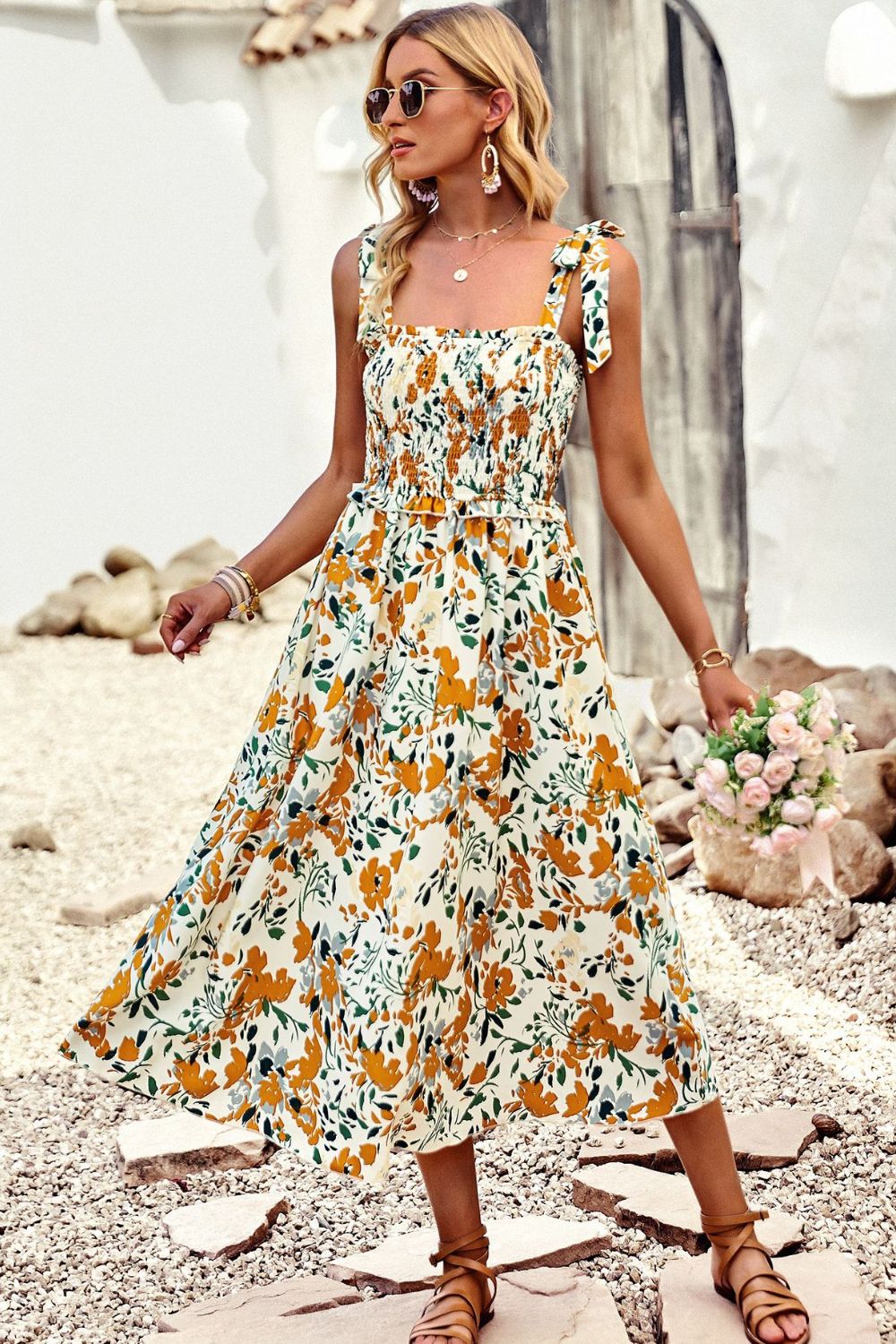 Printed Smocked Tie Shoulder Dress  Dresses- Doll Fits