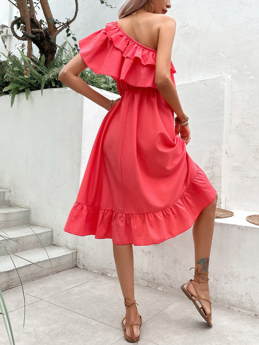 One-Shoulder Ruffle Hem Dress  Dresses- Doll Fits