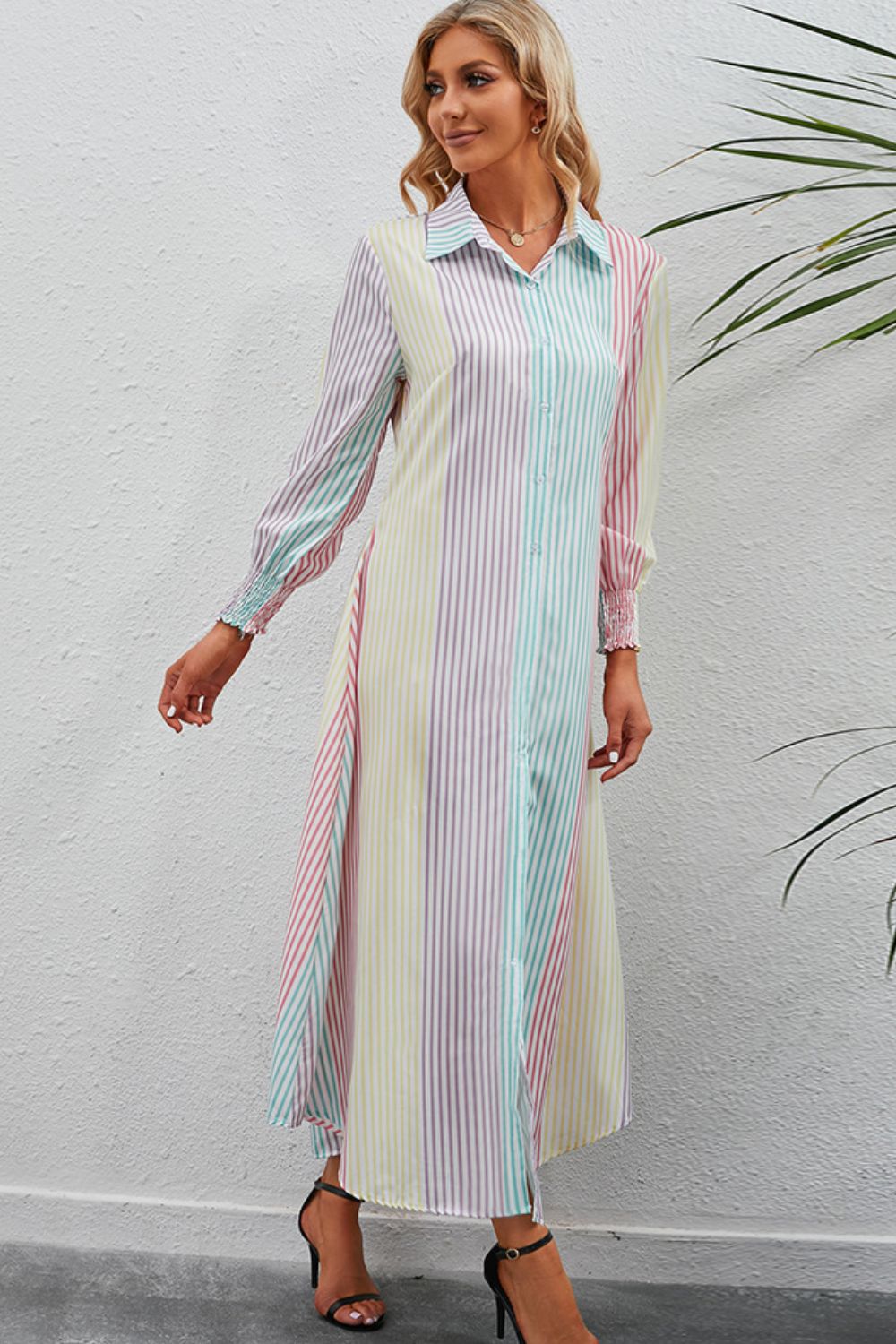 Rainbow Stripe Button-Up Maxi Shirt Dress  Dresses- Doll Fits