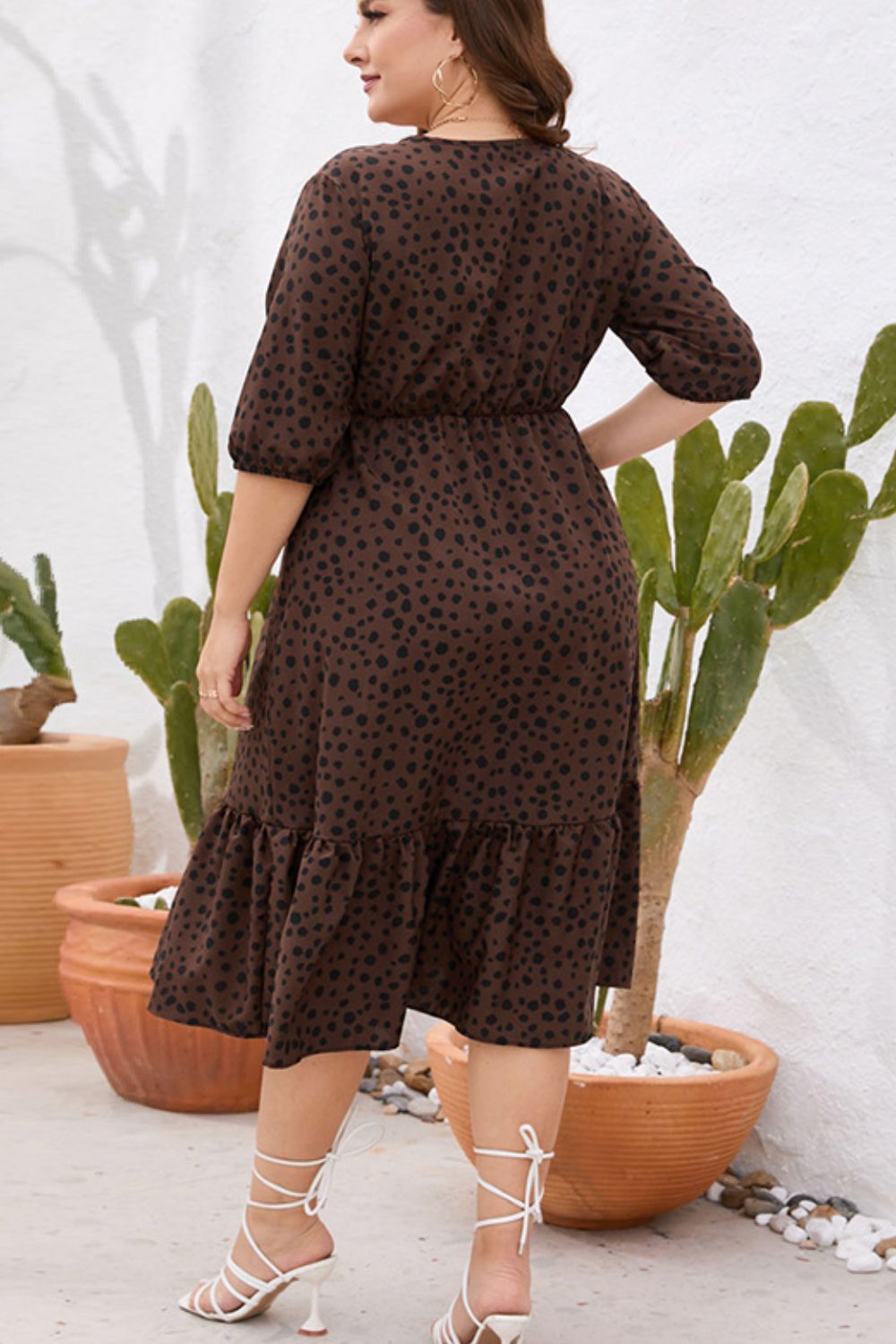 Plus Size Printed Surplice Ruffle Hem Dress  Dresses- Doll Fits