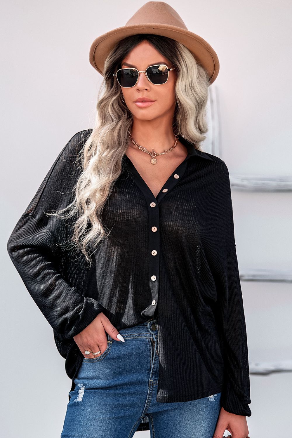 Button Front Dropped Shoulder Knit Shirt  Shirts & Tops- Doll Fits