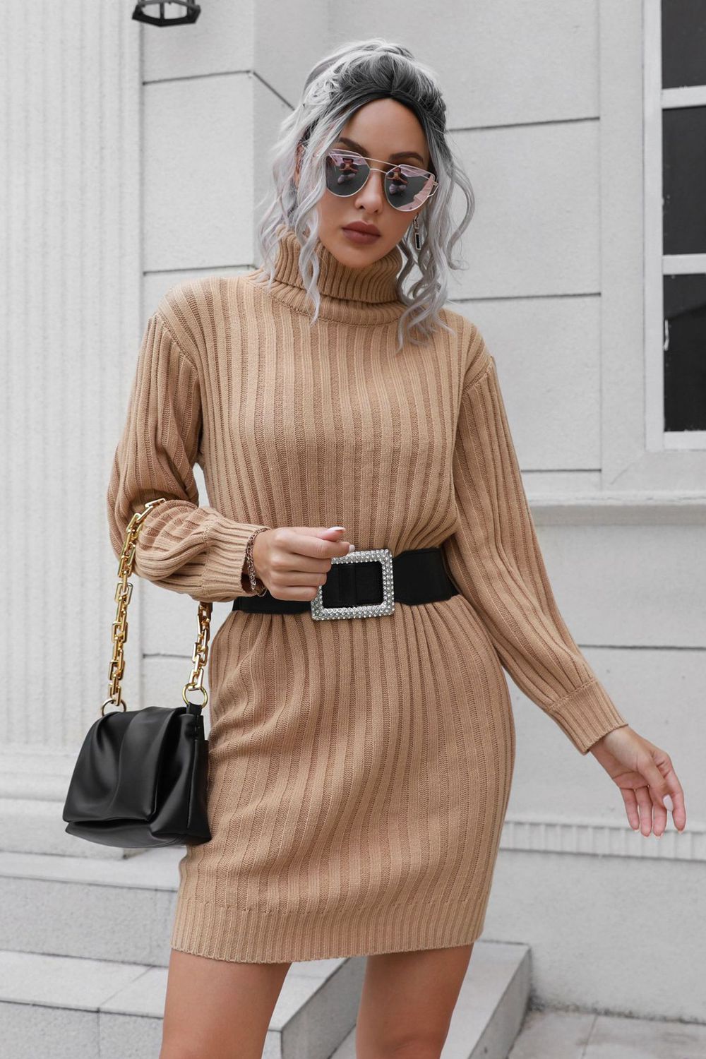Ribbed Turtle Neck Long Sleeve Mini Sweater Dress  Dresses- Doll Fits