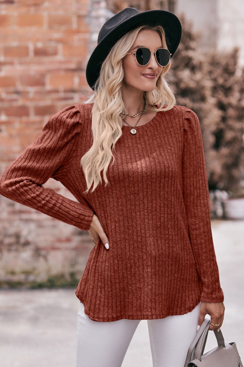 Round Neck Puff Sleeve Ribbed Top  Shirts & Tops- Doll Fits