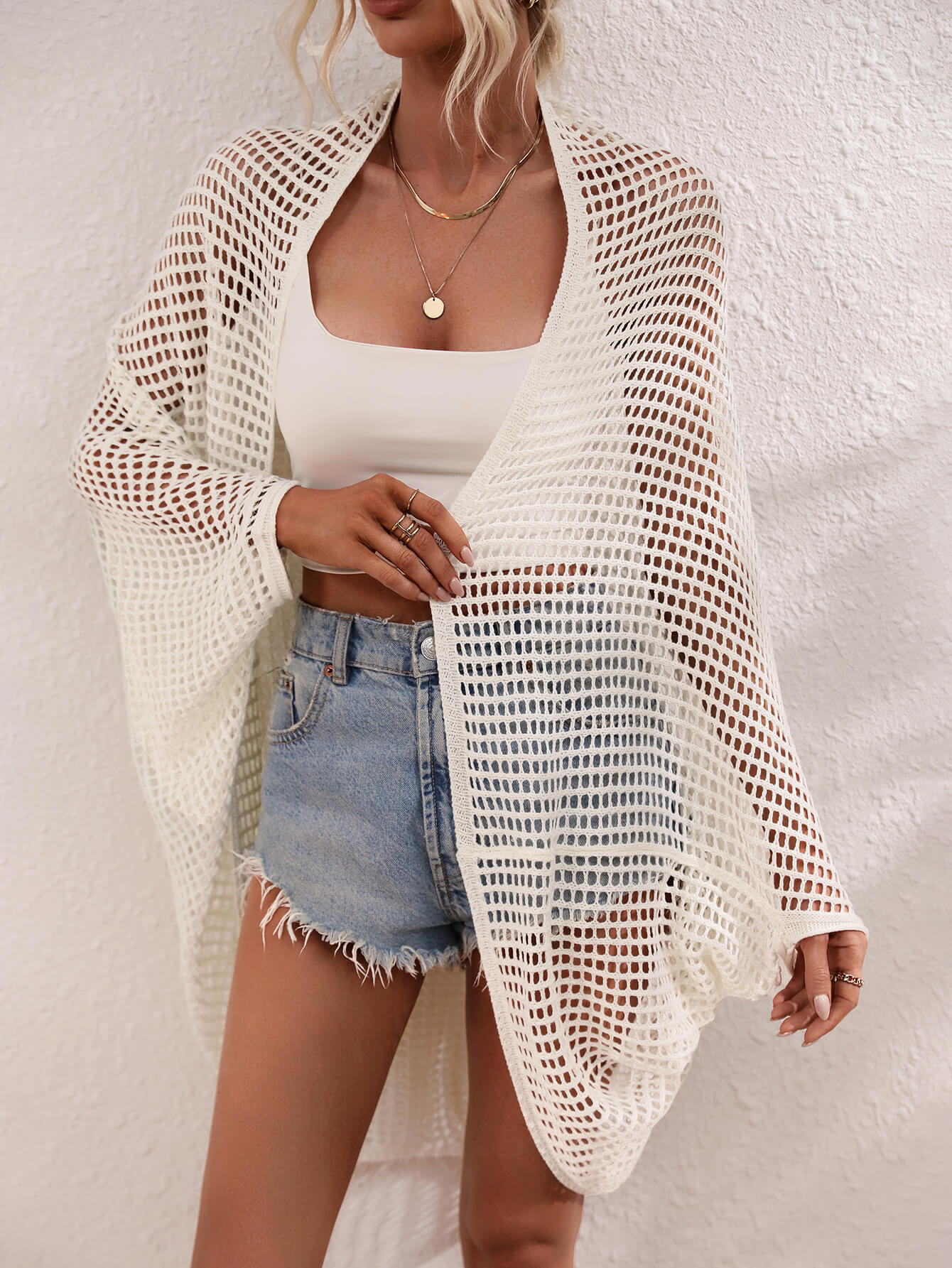 Openwork Open Front Longline Cover Up  Swimwear- Doll Fits