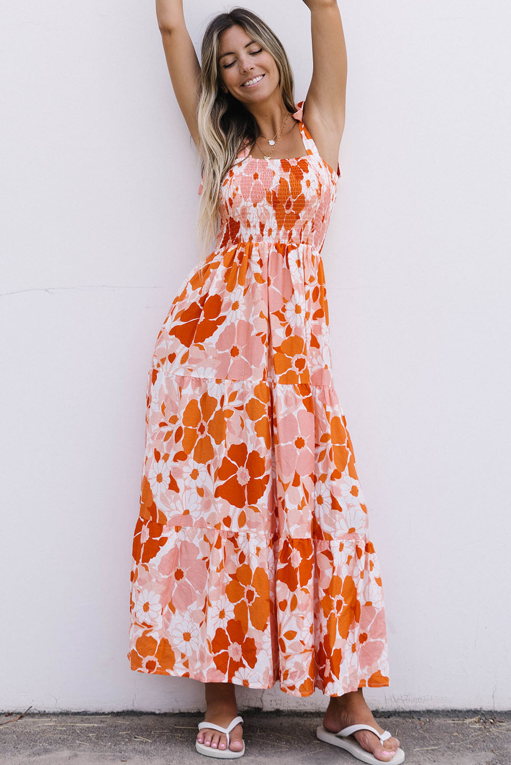 Floral Tie-Shoulder Smocked Maxi Dress  Dresses- Doll Fits