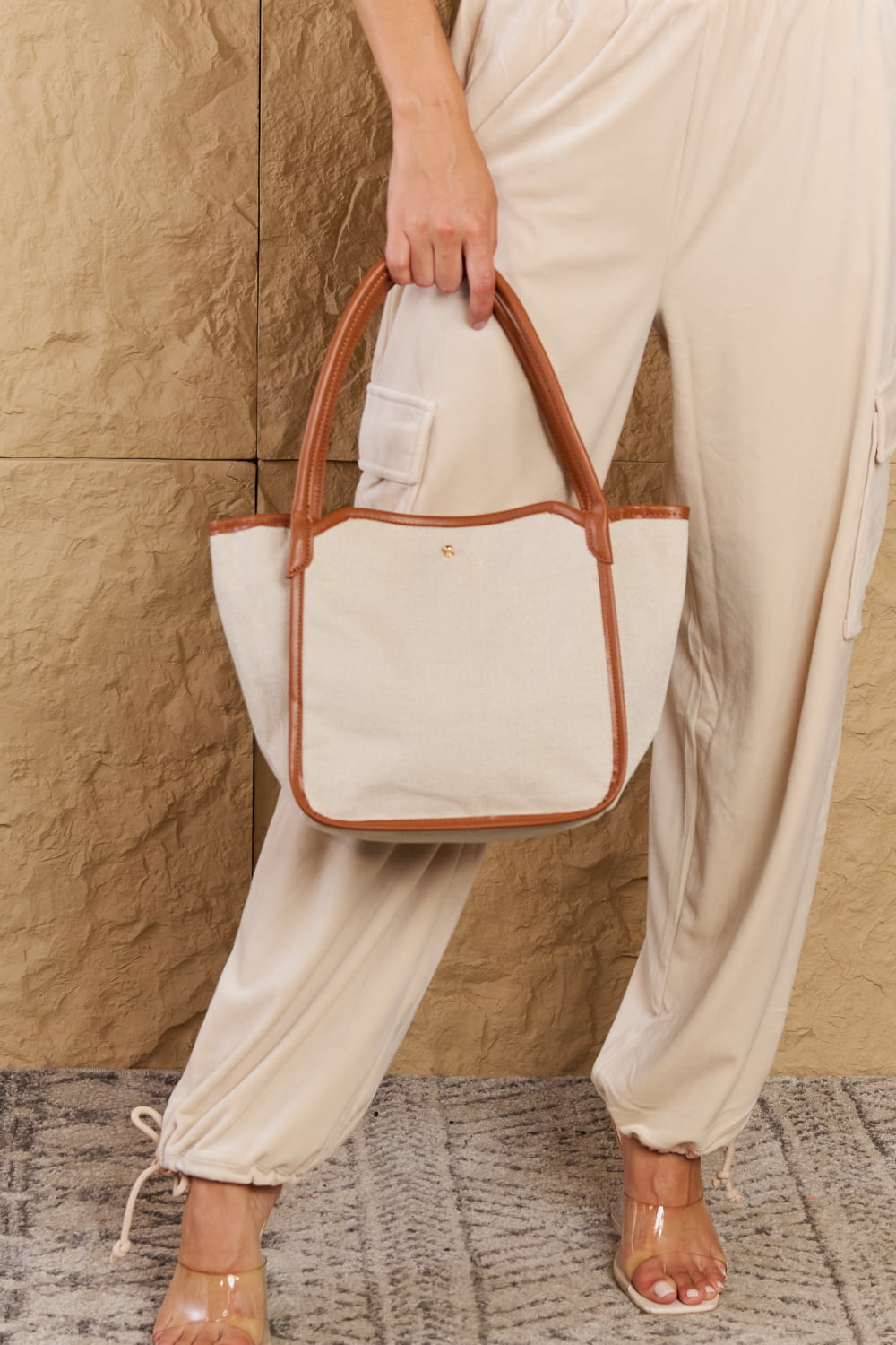 Fame Beach Chic Faux Leather Trim Tote Bag in Ochre  - Doll Fits