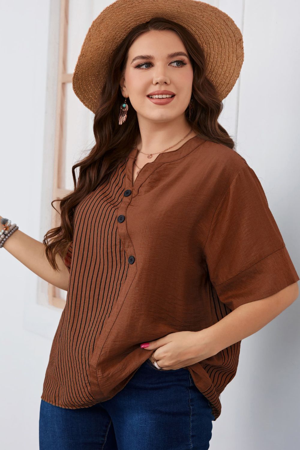 Plus Size Striped Notched Neck Half Sleeve Top  Shirts & Tops- Doll Fits