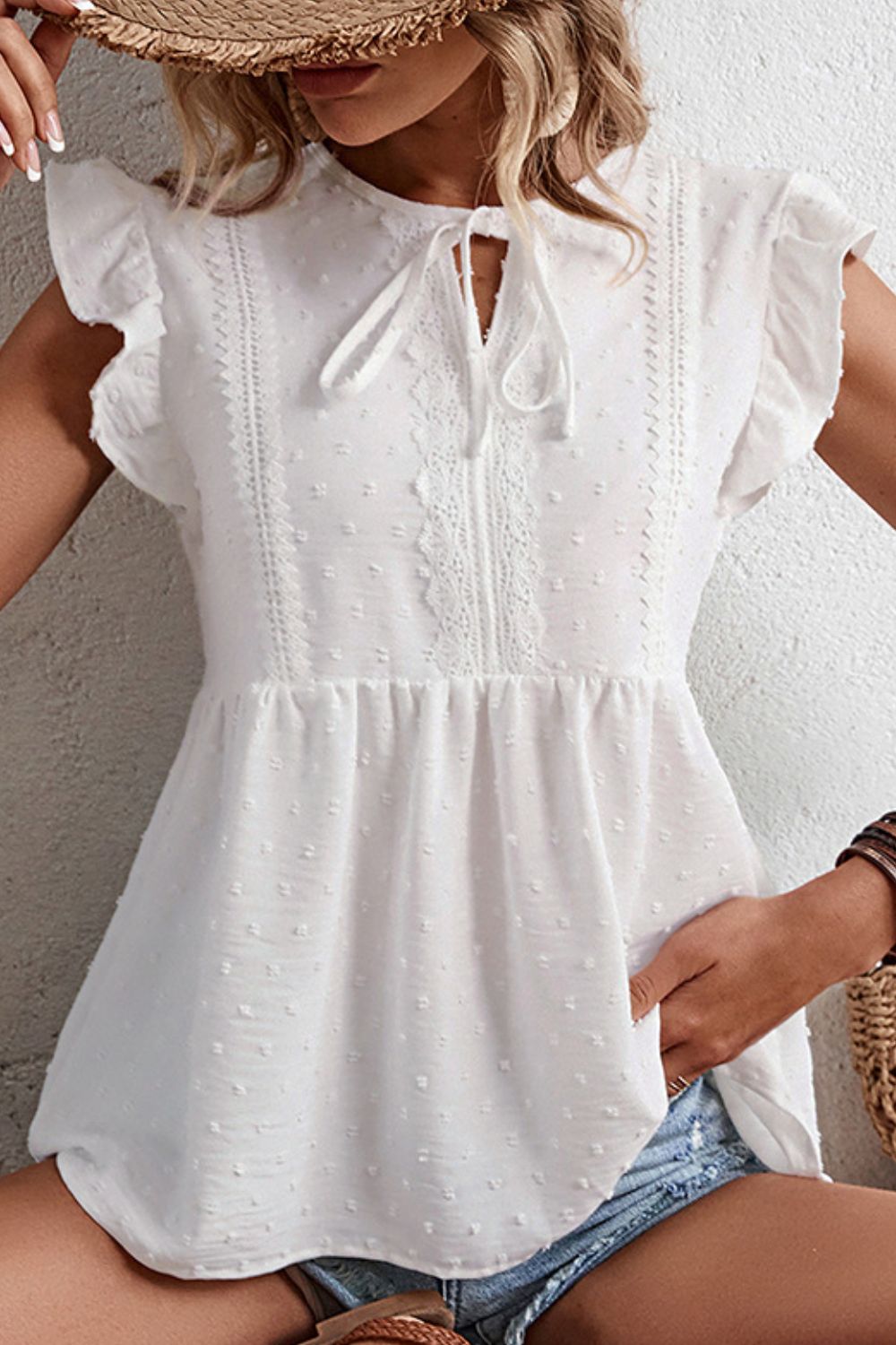 Swiss Dot Tie-Neck Flutter Sleeve Peplum Blouse  Shirts & Tops- Doll Fits