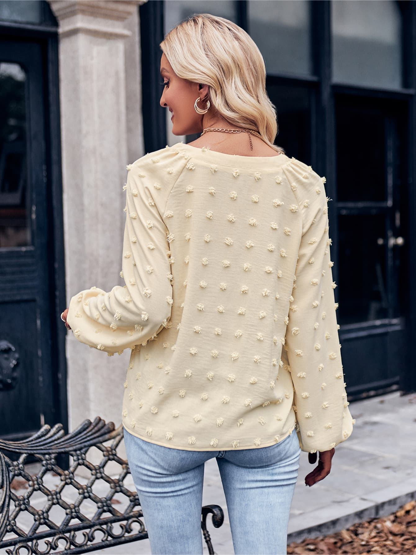Swiss Dot Notched Neck Long Sleeve Blouse  - Doll Fits