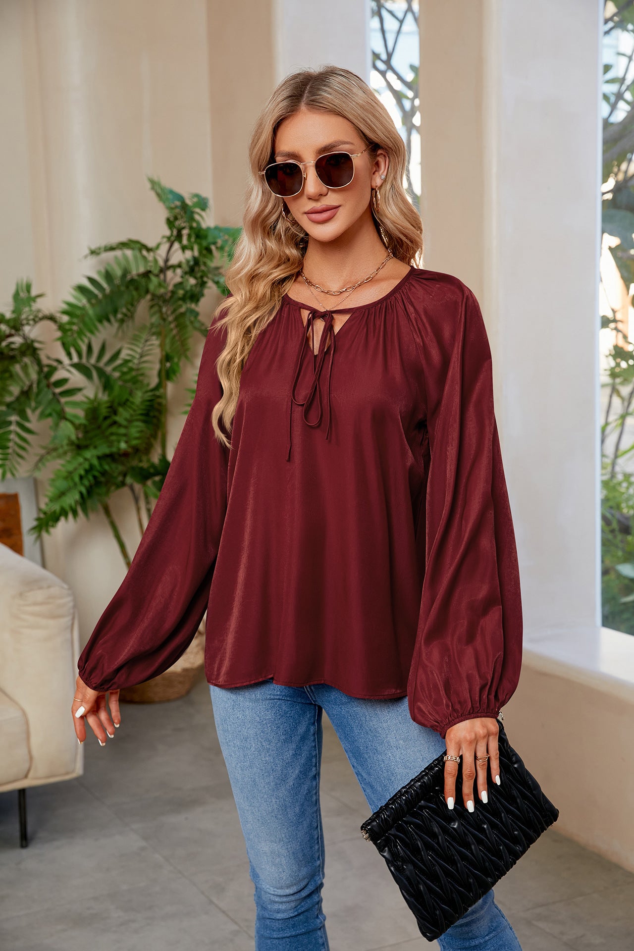 Tie Neck Balloon Sleeve Blouse  - Doll Fits