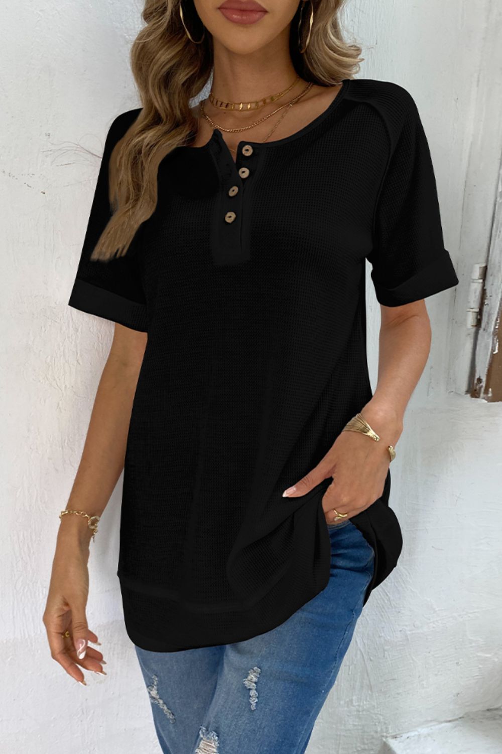 Cuffed Sleeve Henley Top  Shirts & Tops- Doll Fits