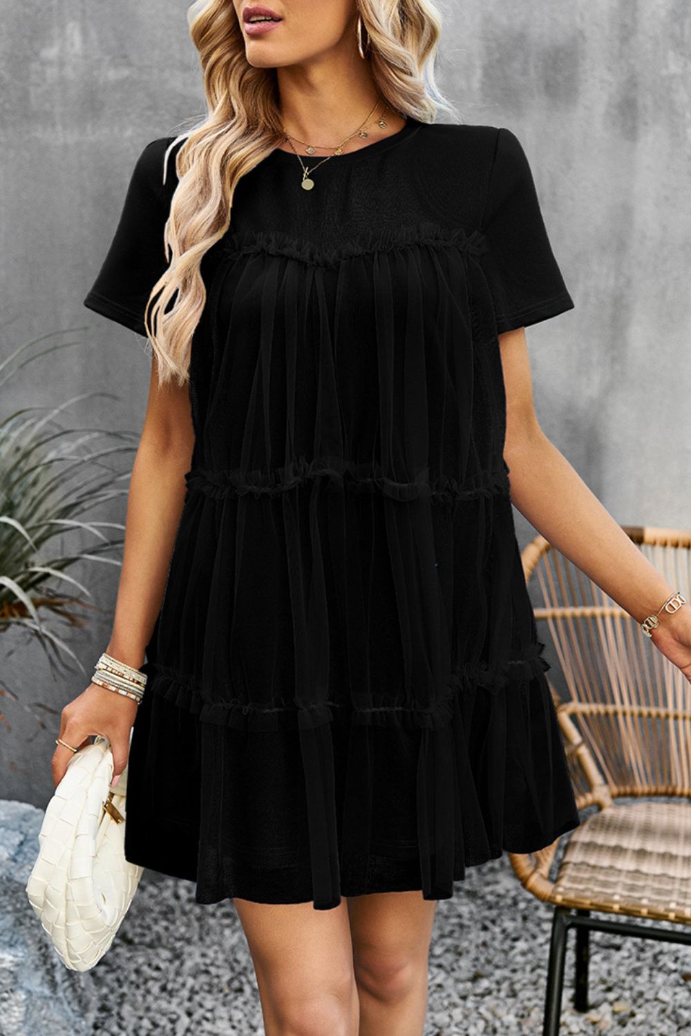 Frill Trim Spliced Mesh Mini Dress  Dresses- Doll Fits
