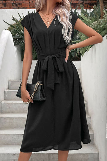 Tie Belt V-Neck Pleated Dress  Dresses- Doll Fits