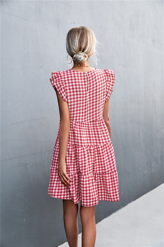 Gingham Ruffle Shoulder Tiered Dress  Dresses- Doll Fits