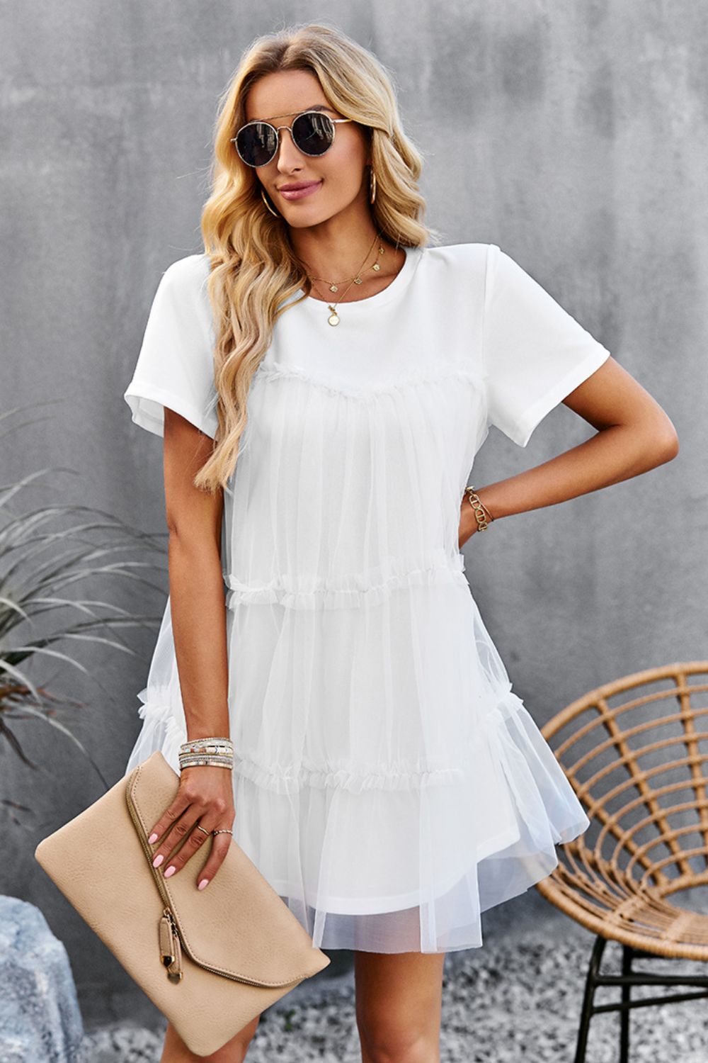 Frill Trim Spliced Mesh Mini Dress  Dresses- Doll Fits