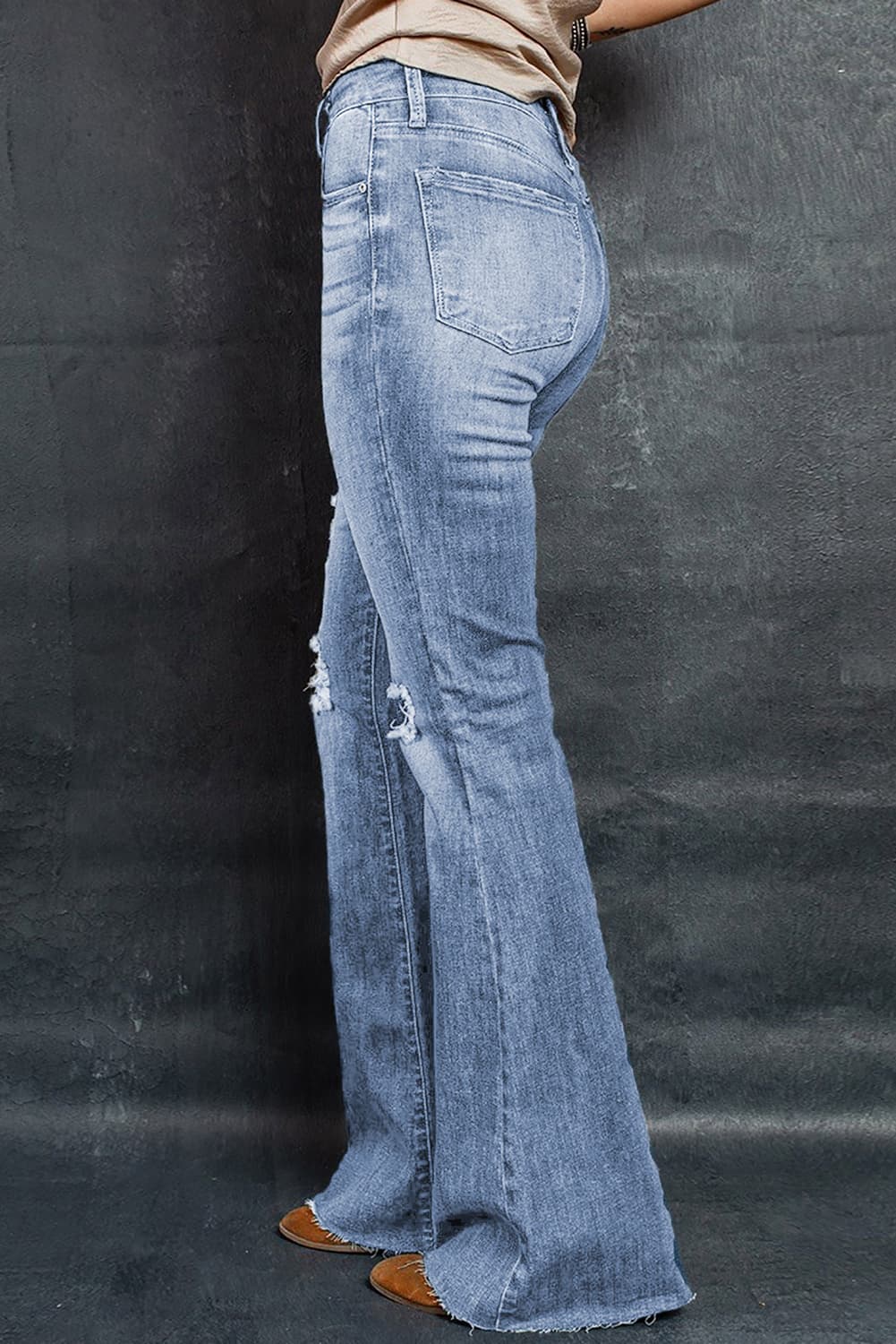 Distressed Raw Hem Flare Jeans  Pants- Doll Fits