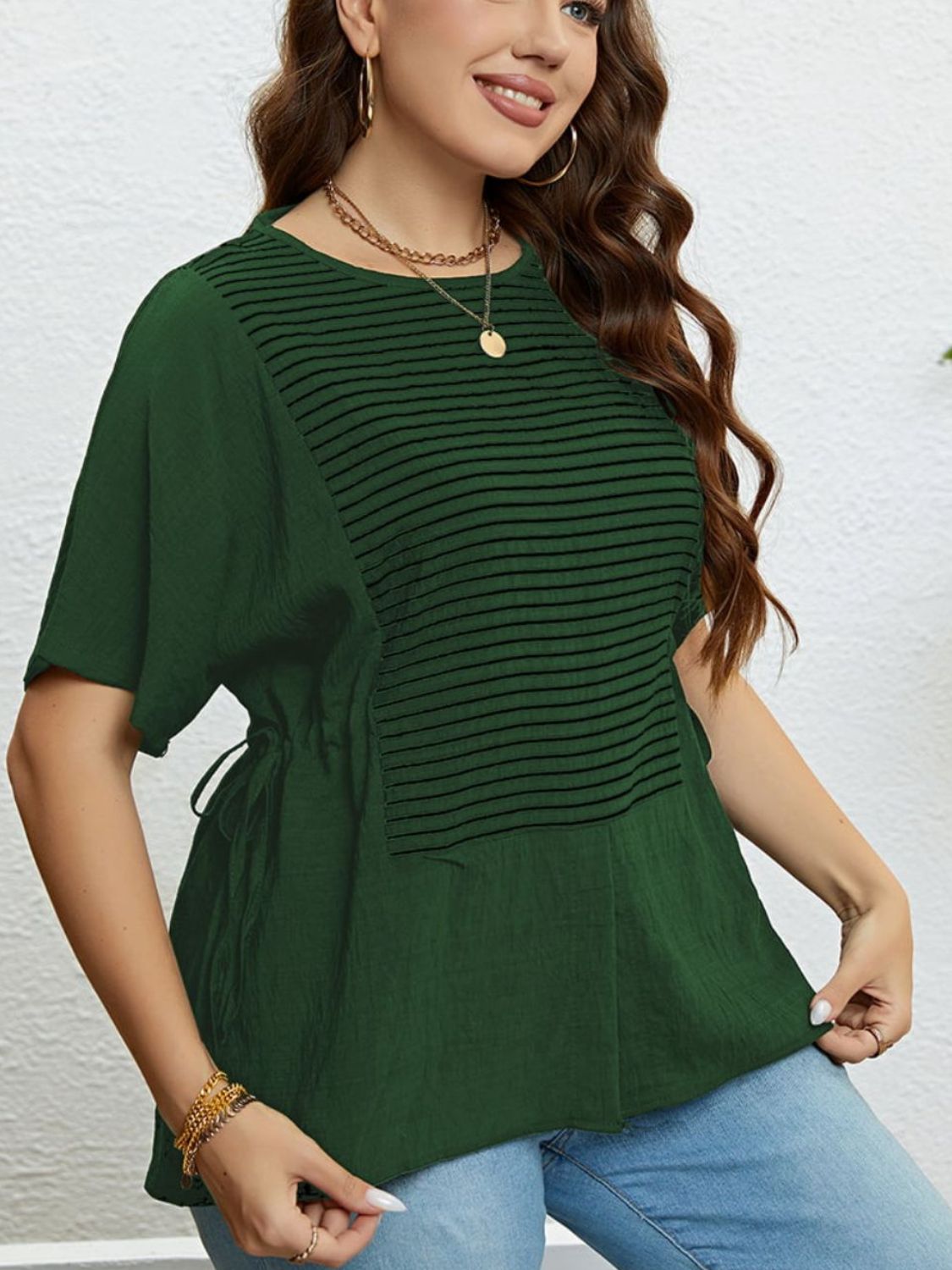 Plus Size Striped Drawstring Slit Top  Shirts & Tops- Doll Fits