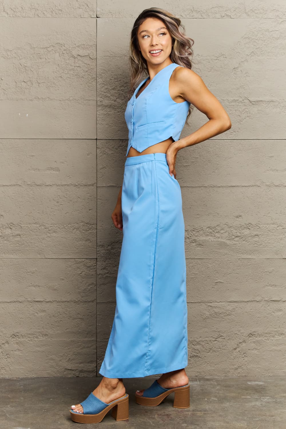 V-Neck Vest and Slit Maxi Skirt Set  - Doll Fits