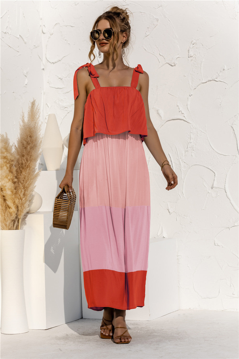 Color Block Tie Shoulder Tiered Sleeveless Dress  Dresses- Doll Fits