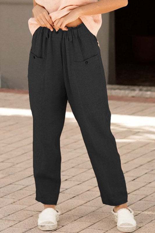 Button Detail Elastic Waist Pocket Pants  Pants- Doll Fits
