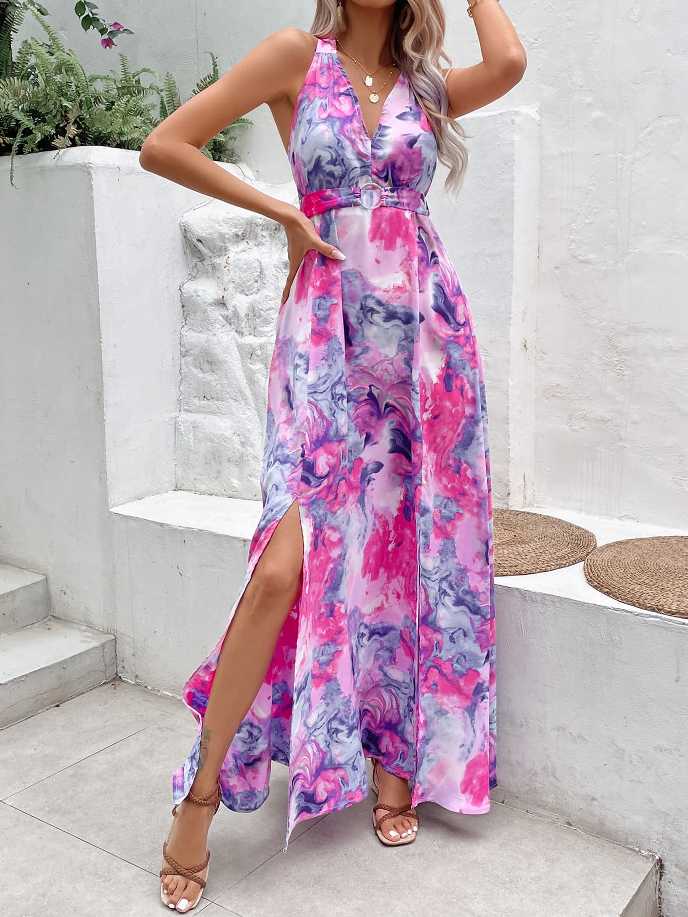 Printed Open Back Slit Sleeveless Dress  Dresses- Doll Fits
