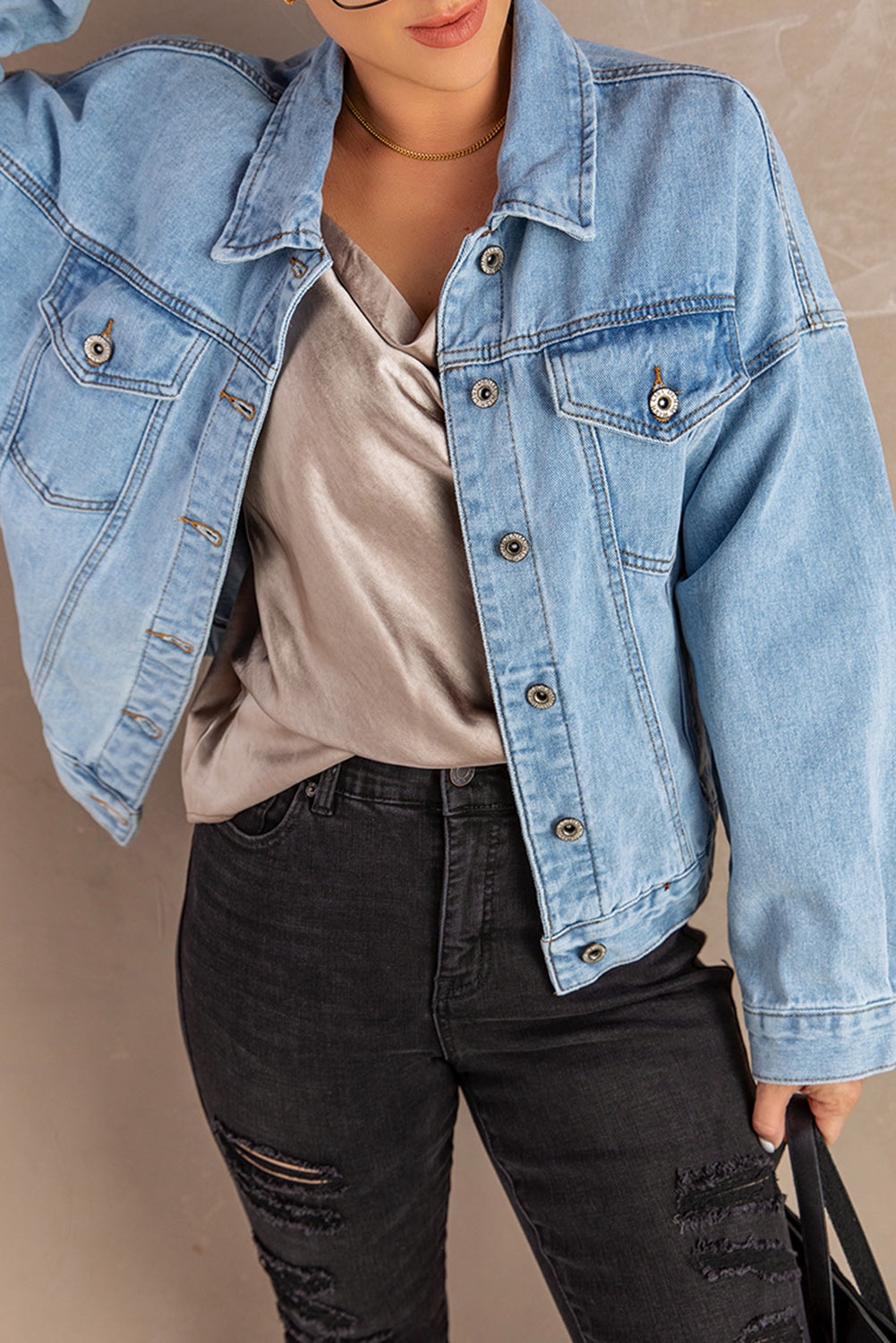 Button Down Dropped Shoulder Denim Jacket  Coats & Jackets- Doll Fits