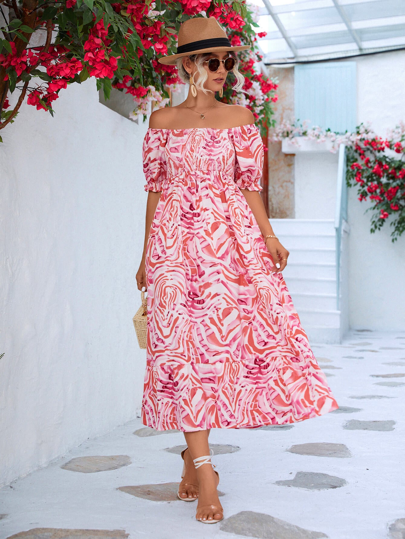 Floral Smocked Flounce Sleeve Midi Dress  Dresses- Doll Fits