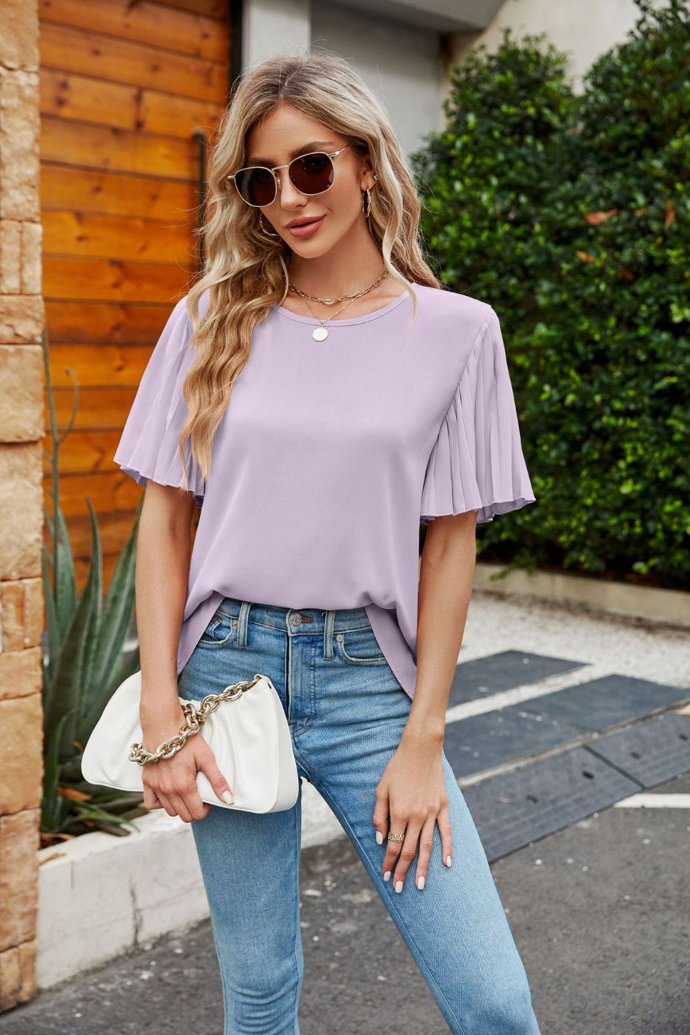 Pleated Flutter Sleeve Round Neck Blouse  Shirts & Tops- Doll Fits