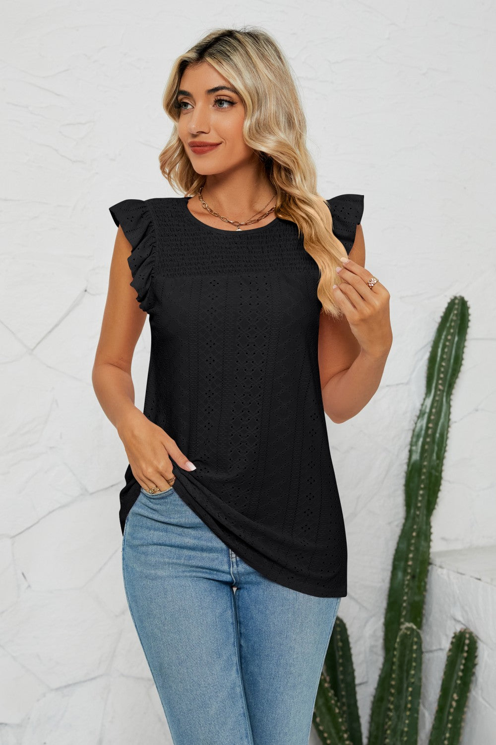 Smocked Round Neck Eyelet Top  Shirts & Tops- Doll Fits