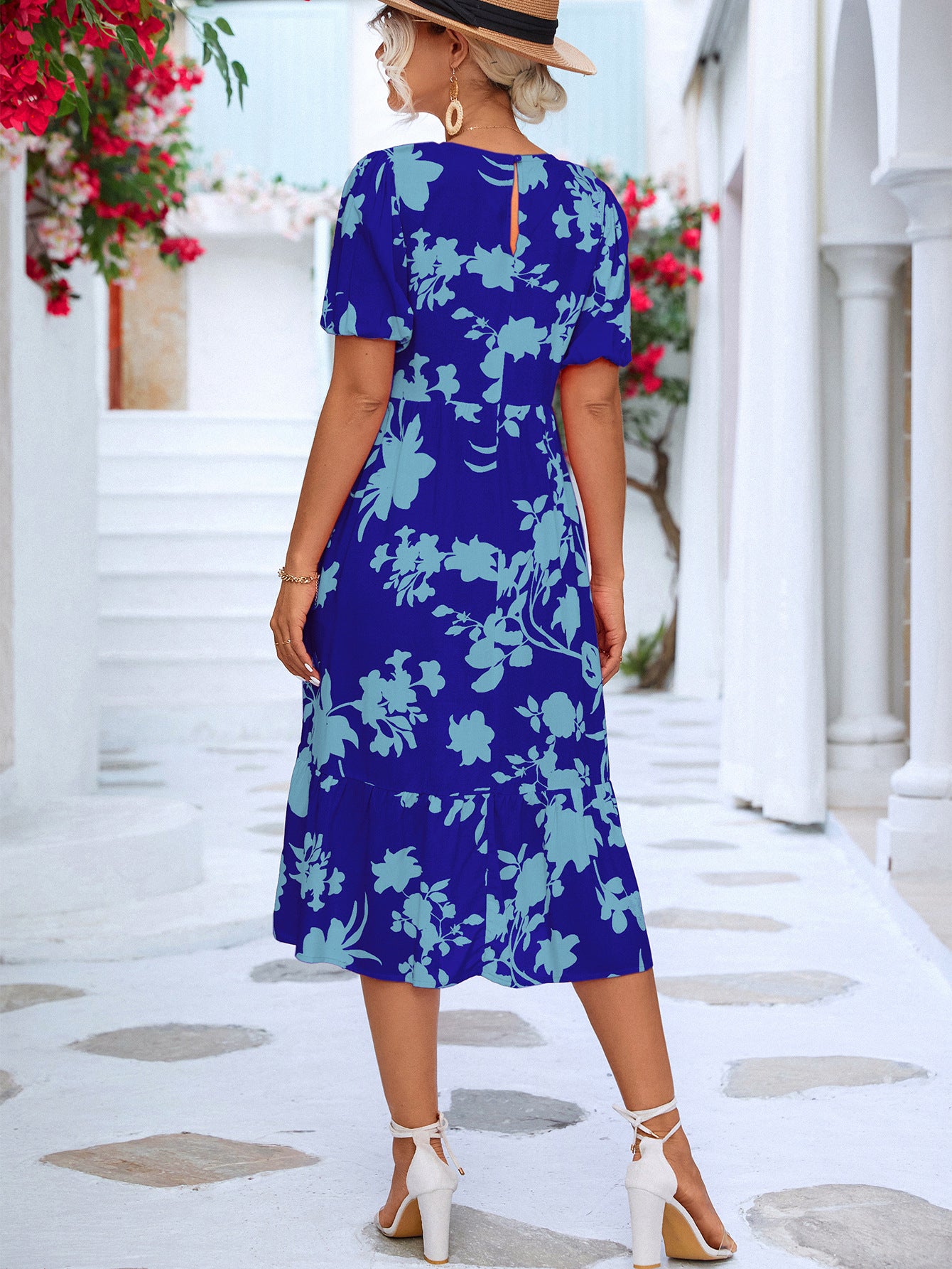 Floral Puff Sleeve Ruffle Hem Midi Dress  Dresses- Doll Fits