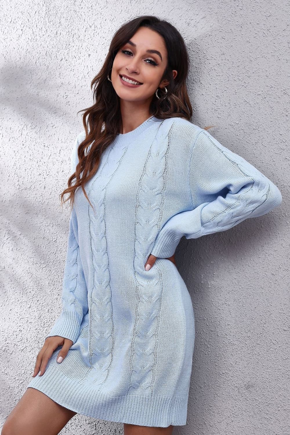Cable-Knit Round Neck Sweater Dress  Dresses- Doll Fits