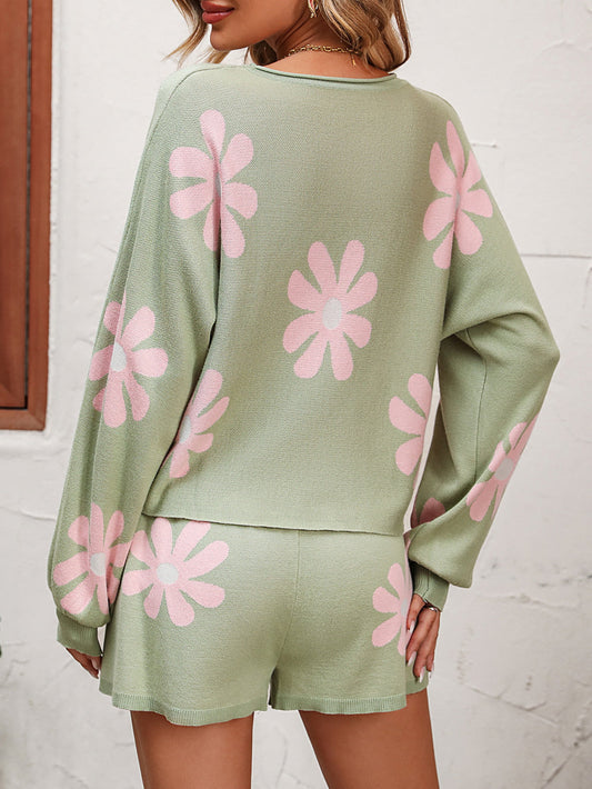 Floral Print Raglan Sleeve Knit Top and Tie Front Sweater Shorts Set  Outfit Sets- Doll Fits