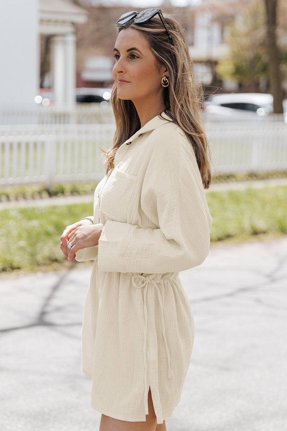 Button-Up Long Sleeve Collared Neck Mini Dress  Dresses- Doll Fits