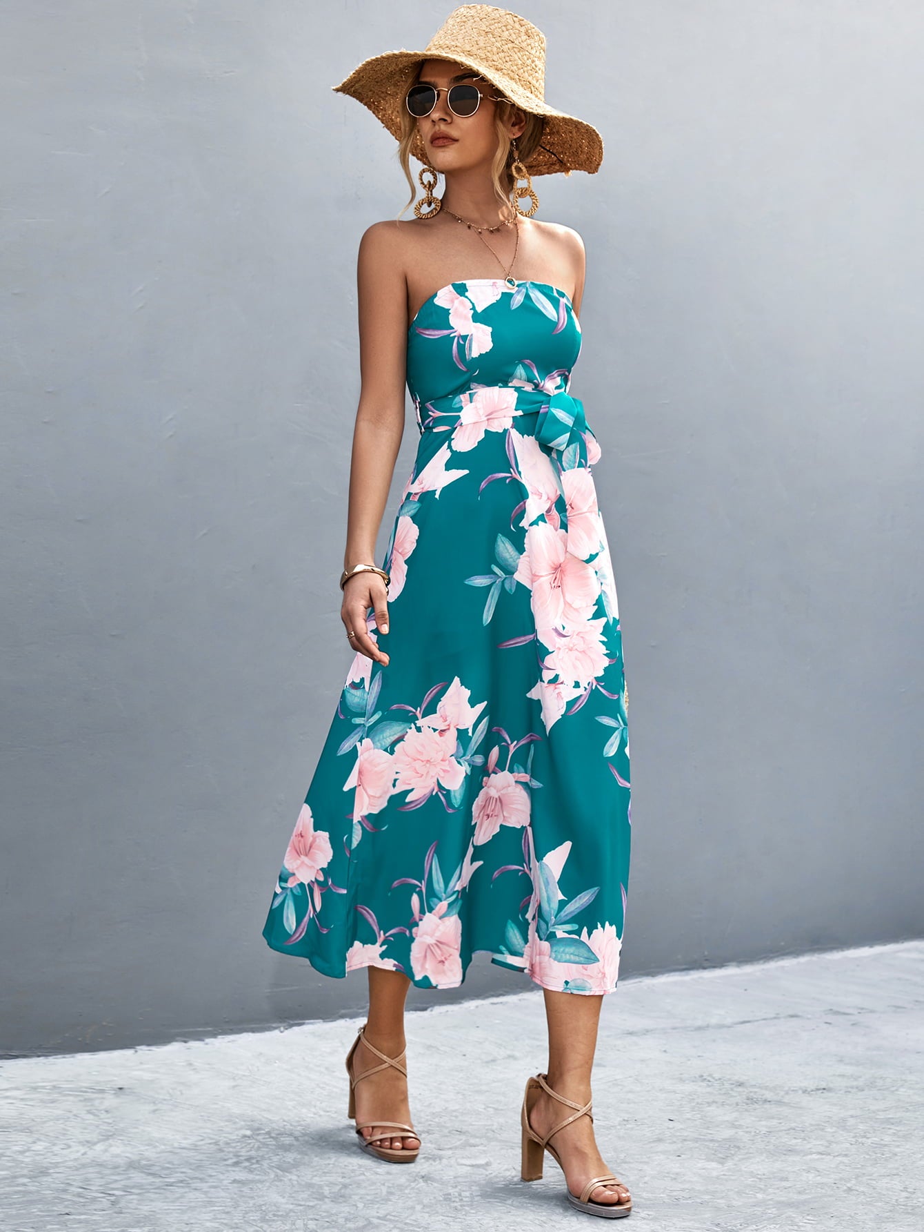 Floral Print Tie Waist Straight Neck Midi Dress  Dresses- Doll Fits