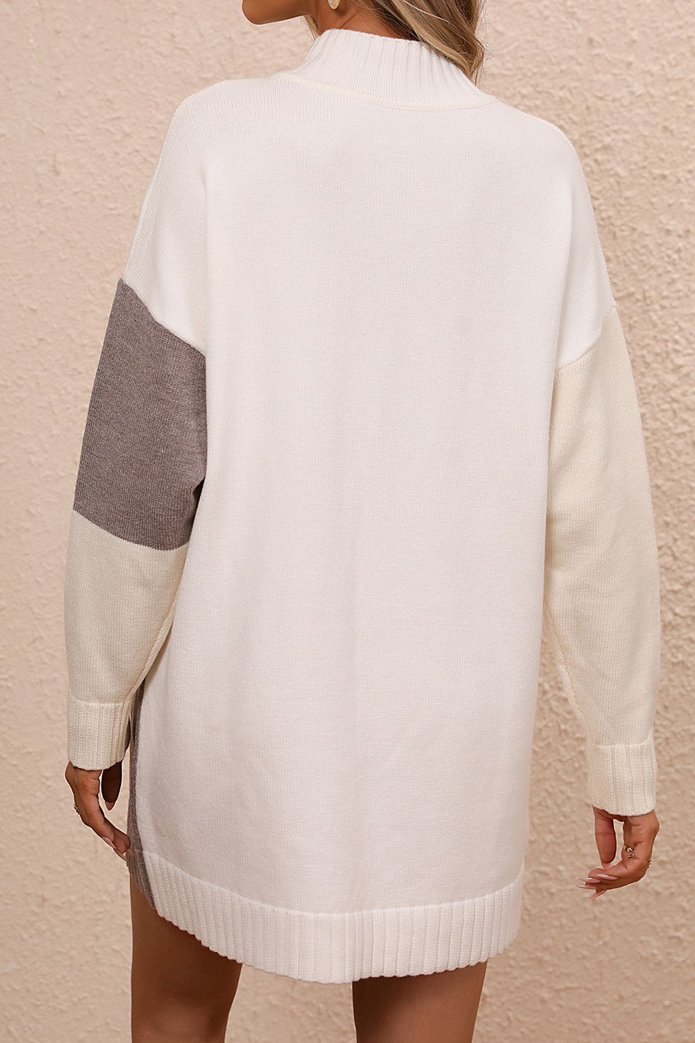 Color Block Mock Neck Dropped Shoulder Sweater Dress  Dresses- Doll Fits
