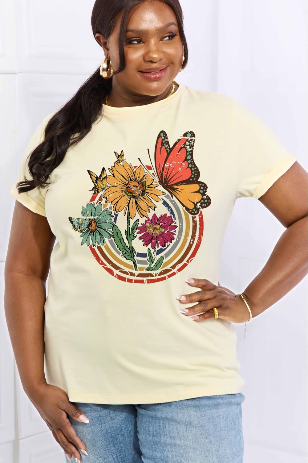 Simply Love Full Size Flower & Butterfly Graphic Cotton Tee  Shirts & Tops- Doll Fits