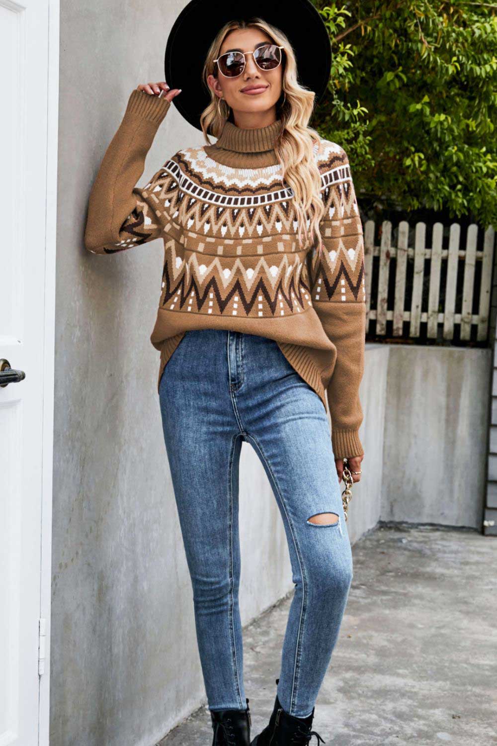 Chevron Turtleneck Ribbed Trim Sweater  Shirts & Tops- Doll Fits