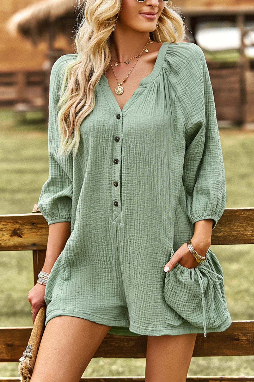 Textured Notched Neck Romper with Pockets  Jumpsuits & Rompers- Doll Fits