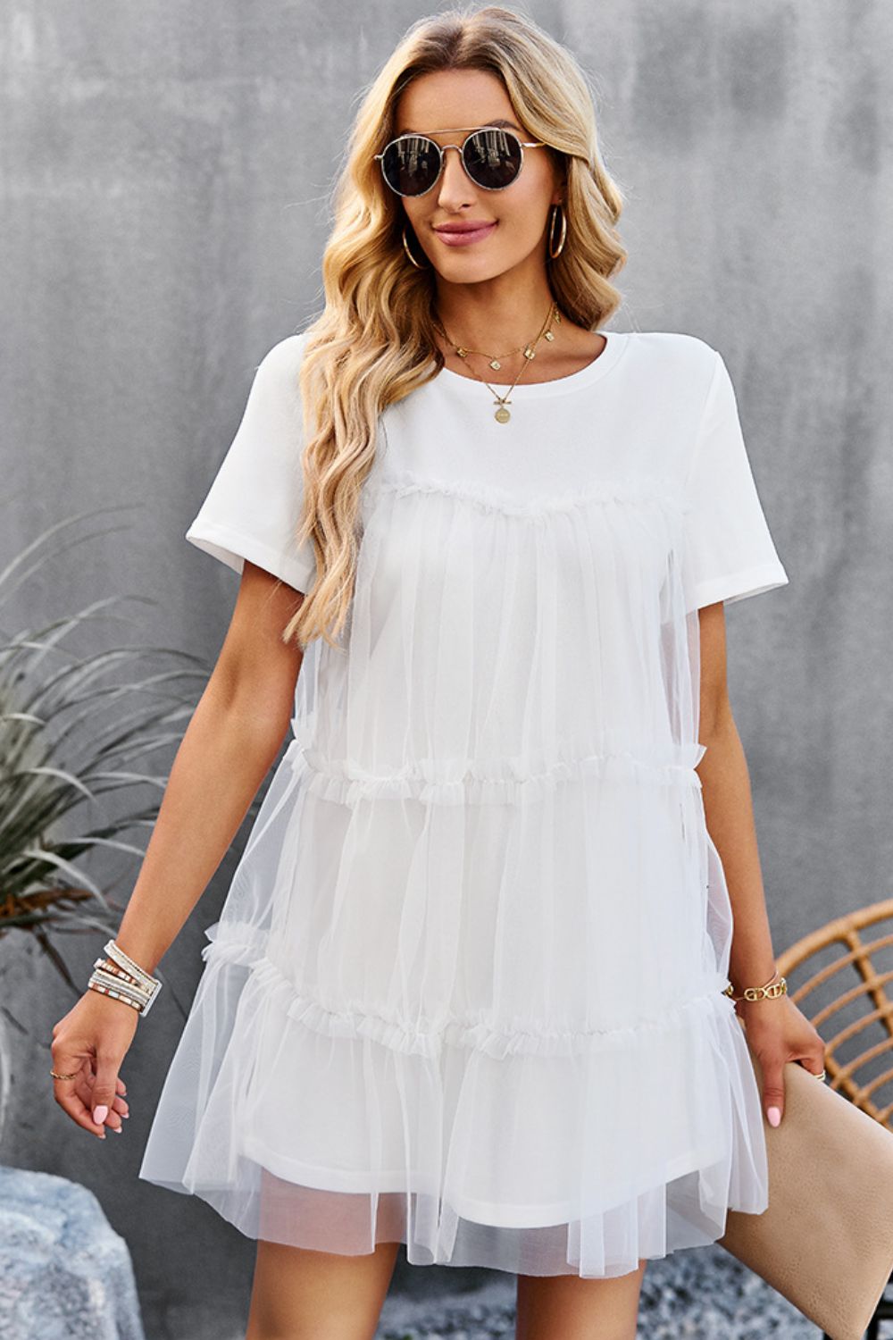 Frill Trim Spliced Mesh Mini Dress  Dresses- Doll Fits