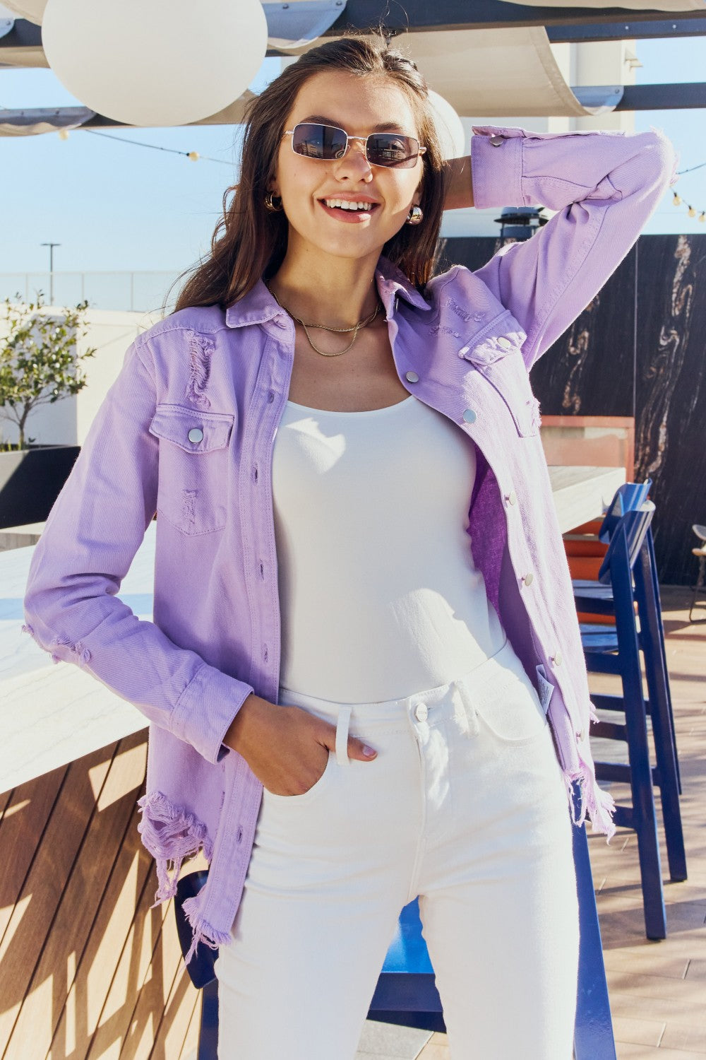 American Bazi Full Size Distressed Button Down Denim Jacket in Lavender  Coats & Jackets- Doll Fits