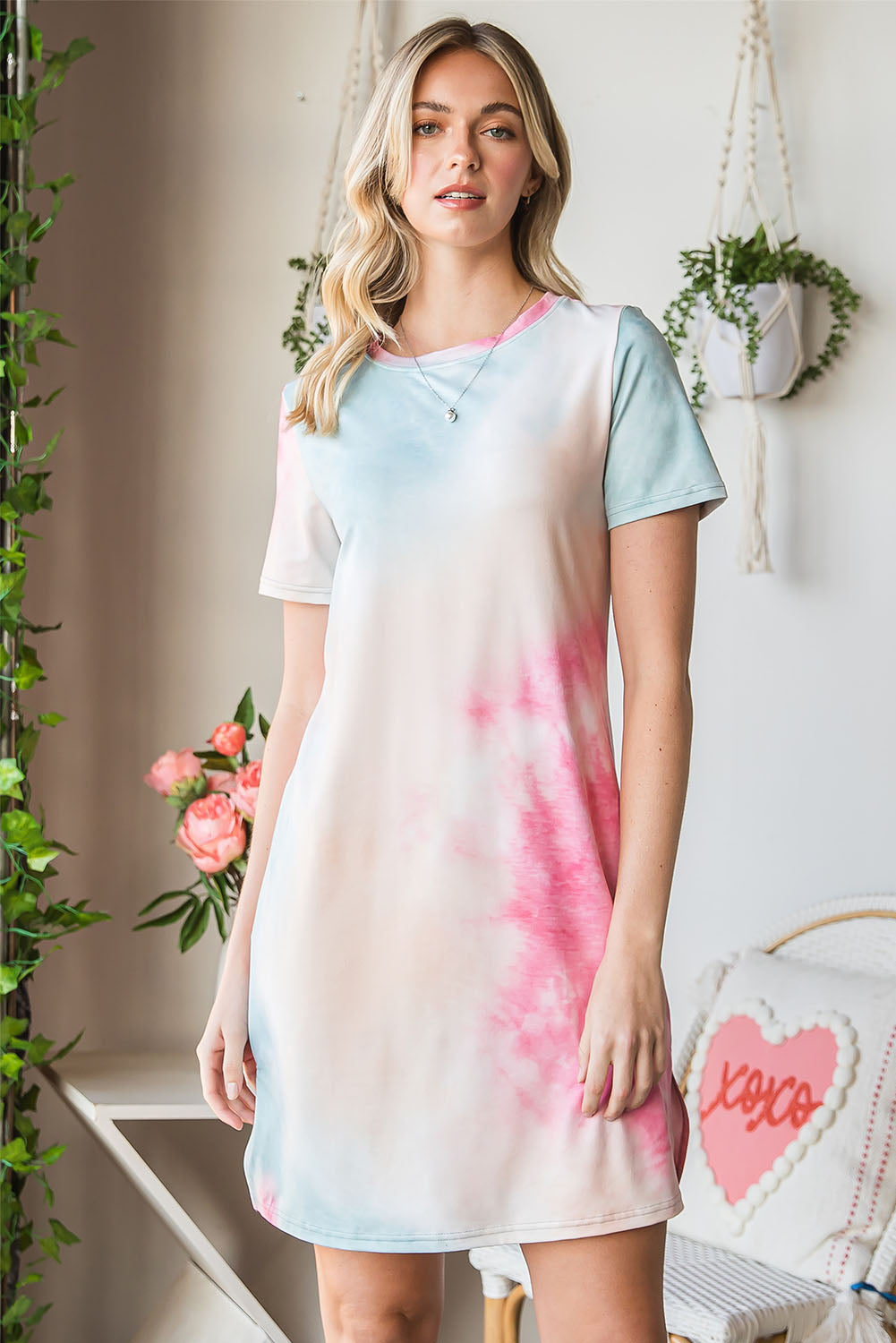 Tie-Dye Round Neck Short Sleeve Slit Dress  Dresses- Doll Fits