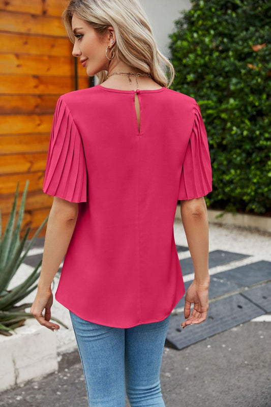 Pleated Flutter Sleeve Round Neck Blouse  Shirts & Tops- Doll Fits