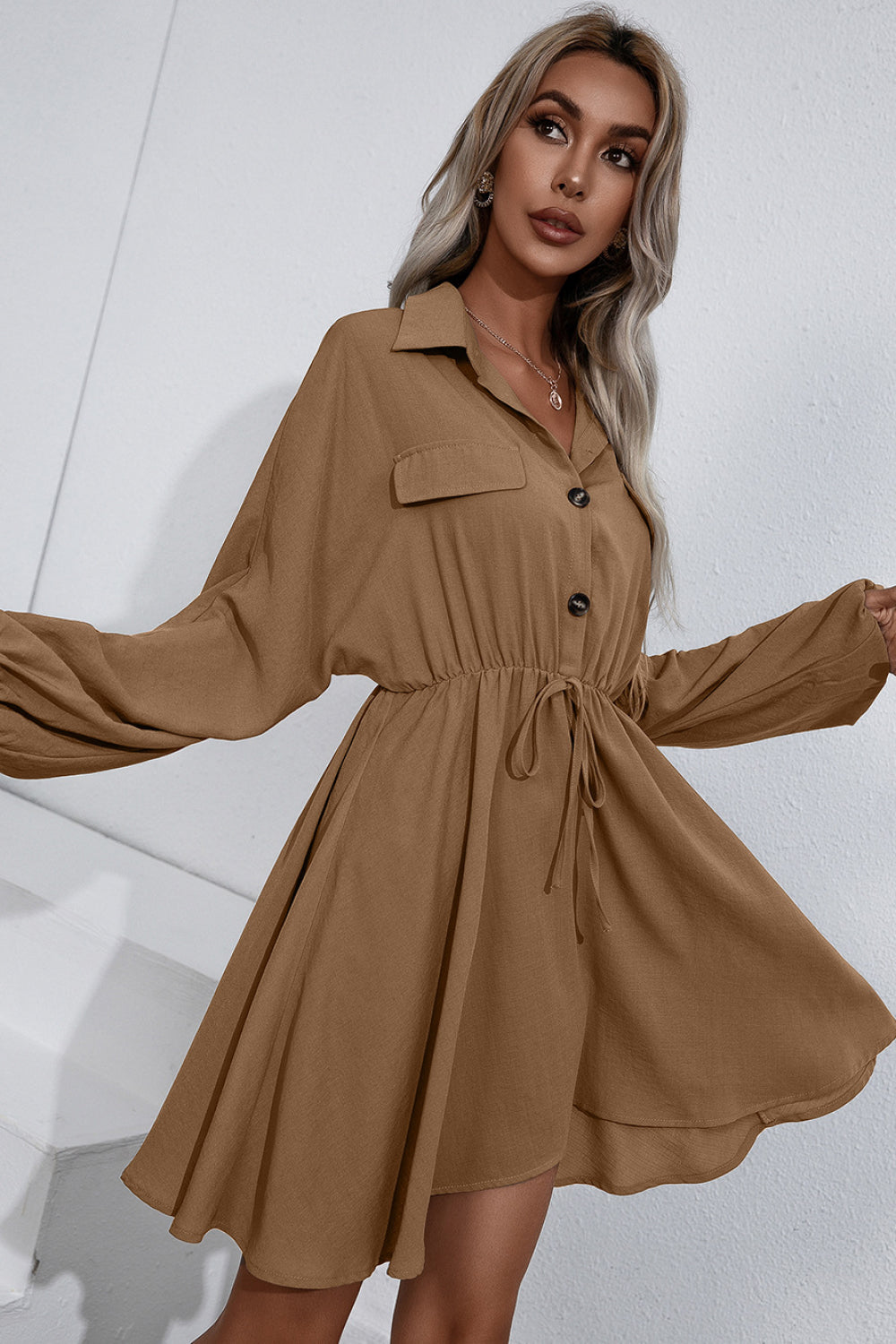 Lainey Tie Waist Button Up Shirt Dress  Dresses- Doll Fits