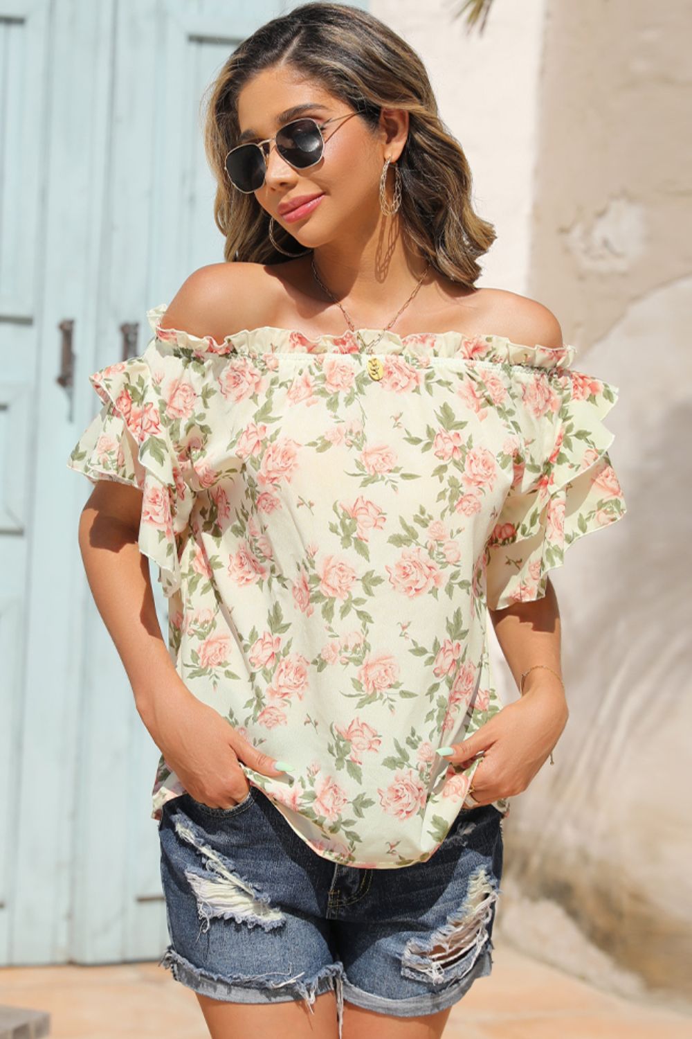 Floral Frill Trim Off-Shoulder Blouse  Shirts & Tops- Doll Fits