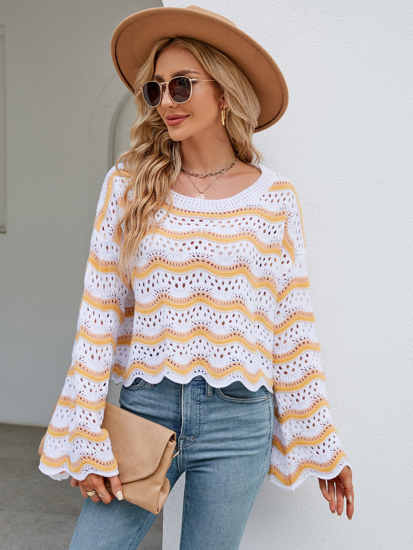 Round Neck Openwork Flare Sleeve Knit Top  - Doll Fits