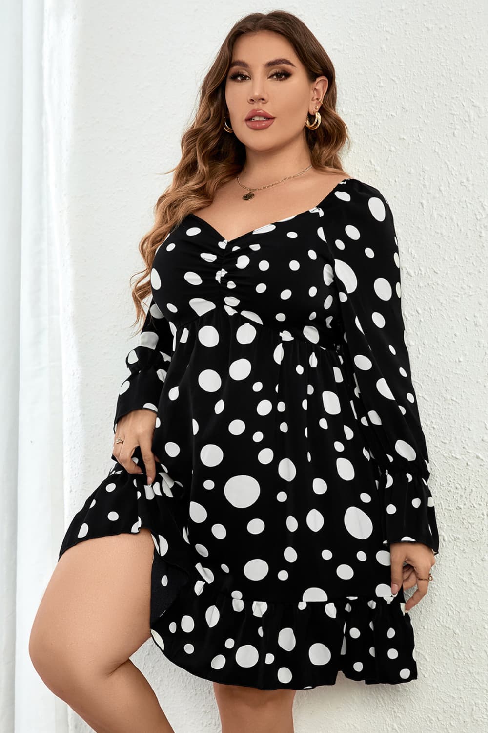 Melo Apparel Plus Size Polka Dot Sweetheart Neck Flounce Sleeve Mini Dress  Dresses- Doll Fits
