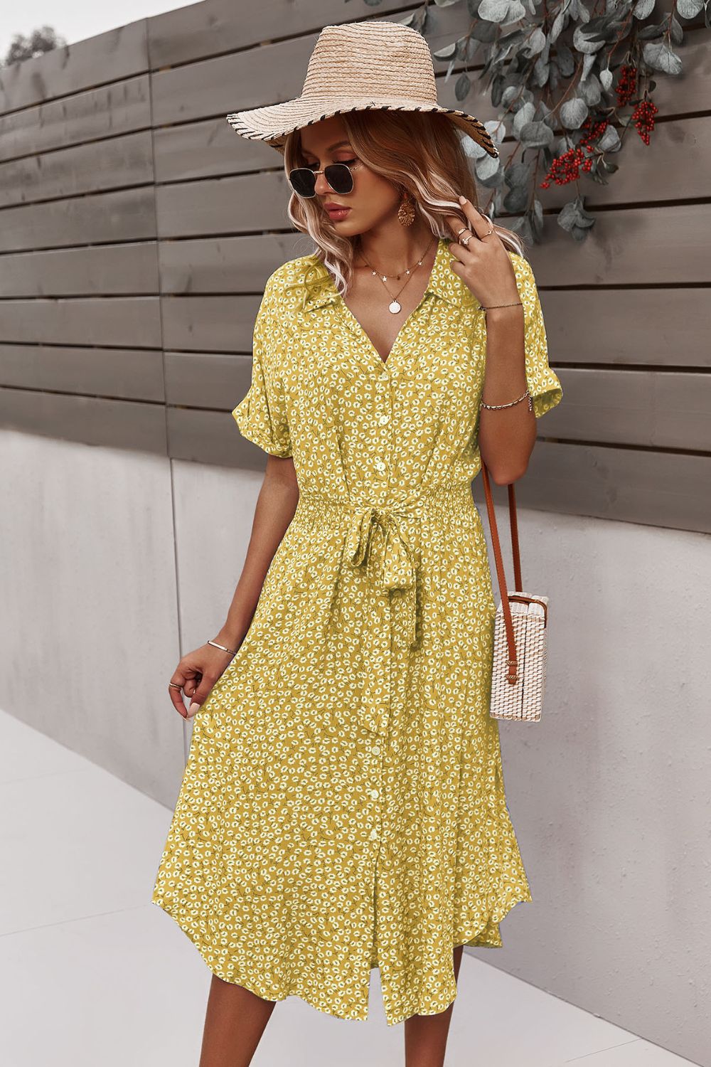 Floral Tie Front Slit Dress  Dresses- Doll Fits